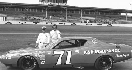 DAYTONA BEACH, FL - 1973:  Buddy Baker (R) stands with crew chief Harry Hyde as he began the 1973 NASCAR Cup Series season driving for the K&K Insurance team, owned by Nord Krauskoph.  (Photo by ISC Archives/CQ-Roll Call Group via Getty Images)
