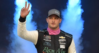 BRISTOL, TENNESSEE - SEPTEMBER 17: Sage Karam, driver of the #31 Montage Mountain Chevrolet, enters the stage during pre-race ceremonies prior to the NASCAR Xfinity Series Food City 300 at Bristol Motor Speedway on September 17, 2021 in Bristol, Tennessee. (Photo by Logan Riely/Getty Images) | Getty Images