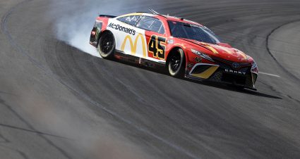 LONG POND, PENNSYLVANIA - JULY 23: Kurt Busch, driver of the #45 McDonald's Toyota, spins after an on-track incident during qualifying for the NASCAR Cup Series M&M's Fan Appreciation 400 the Pocono Mountains 225at Pocono Raceway on July 23, 2022 in Long Pond, Pennsylvania. (Photo by Tim Nwachukwu/Getty Images) | Getty Images