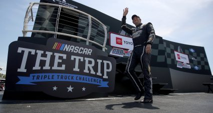MADISON, ILLINOIS - JUNE 04: Jordan Anderson, driver of the #3 Bommarito Automotive Group Chevrolet, waves to fans onstage during driver intros prior to the NASCAR Camping World Truck Series Toyota 200 at WWT Raceway on June 04, 2022 in Madison, Illinois. (Photo by Sean Gardner/Getty Images) | Getty Images