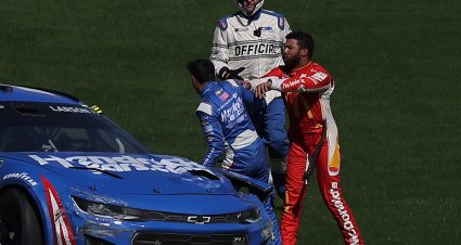 LAS VEGAS, NEVADA - OCTOBER 16: Bubba Wallace, driver of the #45 McDonald's Toyota, confronts Kyle Larson, driver of the #5 HendrickCars.com Chevrolet, after an on-track incident during the NASCAR Cup Series South Point 400 at Las Vegas Motor Speedway on October 16, 2022 in Las Vegas, Nevada. (Photo by Jonathan Bachman/Getty Images) | Getty Images