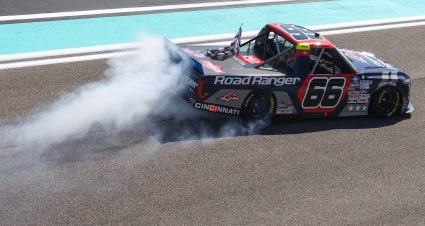 HOMESTEAD, FLORIDA - OCTOBER 22: Ty Majeski, driver of the #66 Road Ranger Toyota, celebrates with a burnout after winning the NASCAR Camping World Truck Series Baptist Health 200 at Homestead-Miami Speedway on October 22, 2022 in Homestead, Florida. (Photo by Jared East/Getty Images) | Getty Images