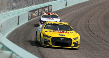 HOMESTEAD, FLORIDA - OCTOBER 22: Ryan Blaney, driver of the #12 Menards/Pennzoil Ford, and William Byron, driver of the #24 Liberty University Chevrolet, drive during practice for the NASCAR Cup Series Dixie Vodka 400 at Homestead-Miami Speedway on October 22, 2022 in Homestead, Florida. (Photo by Jared East/Getty Images) | Getty Images