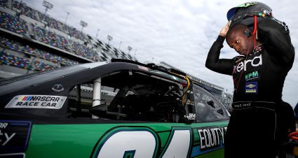 DAYTONA BEACH, FLORIDA - FEBRUARY 19: Jesse Iwuji, driver of the #34 Equity Prime Mortgage Chevrolet, prepares to qualify for the NASCAR Xfinity Series Beef. It's What's For Dinner. 300 at Daytona International Speedway on February 19, 2022 in Daytona Beach, Florida. (Photo by Sean Gardner/Getty Images) | Getty Images