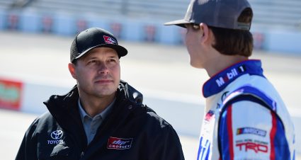 MARTINSVILLE, VA - MARCH 23:  Todd Gilliland(R), driver of the #4 Mobil 1 Toyota, speaks with his dad and former NASCAR driver David Gilliland in the garage area during practice for the NASCAR Camping World Truck Series Alpha Energy Solutions 250 at Martinsville Speedway on March 23, 2018 in Martinsville, Virginia.  (Photo by Jared C. Tilton/Getty Images) | Getty Images
