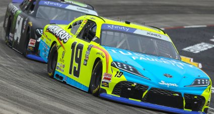 MARTINSVILLE, VIRGINIA - OCTOBER 29: Brandon Jones, driver of the #19 Menards/Tuscany Faucets Toyota, and Ty Gibbs, driver of the #54 Monster Energy Toyota, during the NASCAR Xfinity Series Dead On Tools 250 at Martinsville Speedway on October 29, 2022 in Martinsville, Virginia. (Photo by Mike Mulholland/Getty Images) | Getty Images