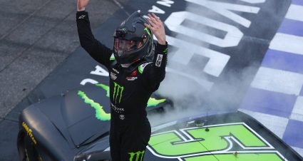 MARTINSVILLE, VIRGINIA - OCTOBER 29: Ty Gibbs, driver of the #54 Monster Energy Toyota, celebrates after winning the NASCAR Xfinity Series Dead On Tools 250 at Martinsville Speedway on October 29, 2022 in Martinsville, Virginia. (Photo by Mike Mulholland/Getty Images) | Getty Images