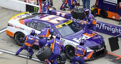 MARTINSVILLE, VIRGINIA - OCTOBER 30: Denny Hamlin, driver of the #11 FedEx Freight Direct Toyota, pits during the NASCAR Cup Series Xfinity 500 at Martinsville Speedway on October 30, 2022 in Martinsville, Virginia. (Photo by Eakin Howard/Getty Images) | Getty Images