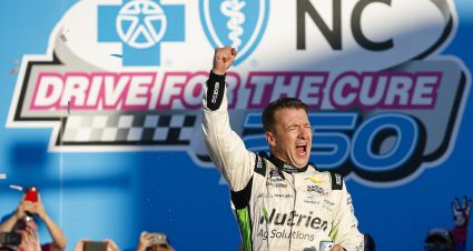 CONCORD, NORTH CAROLINA - OCTOBER 08: AJ Allmendinger, driver of the #16 Nutrien Ag Solutions Chevrolet, celebrates in victory lane after winning the NASCAR Xfinity Series Drive for the Cure 250 presented by BlueCross BlueShield of North Carolina at Charlotte Motor Speedway on October 08, 2022 in Concord, North Carolina. (Photo by Jared C. Tilton/Getty Images) | Getty Images