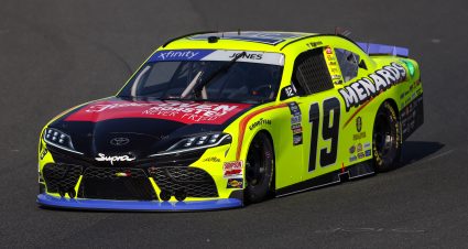 CONCORD, NORTH CAROLINA - OCTOBER 08: Brandon Jones, driver of the #19 Menards/Fisher Toyota, drives during practice for the NASCAR Xfinity Series Drive for the Cure 250 presented by BlueCross BlueShield of North Carolina at Charlotte Motor Speedway on October 08, 2022 in Concord, North Carolina. (Photo by Mike Mulholland/Getty Images) | Getty Images