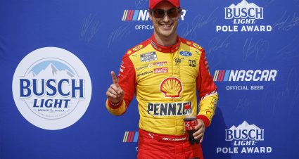 CONCORD, NORTH CAROLINA - OCTOBER 08: Joey Logano, driver of the #22 Shell Pennzoil Ford, poses for photos after winning the pole award during qualifying for NASCAR Cup Series Bank of America Roval 400 at Charlotte Motor Speedway on October 08, 2022 in Concord, North Carolina. (Photo by Jared C. Tilton/Getty Images) | Getty Images