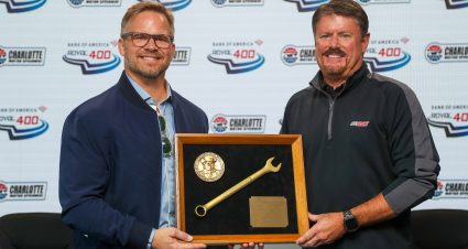 Richard Childress Racing’s Andy Petree accepts the Henry “Smokey” Yunick award from Charlotte Motor Speedway CEO and Speedway Motorsports President and Marcus Smith during events for the Bank of America Roval 400 NASCAR Cup Series race at Charlotte Motor Speedway in Concord, North Carolina, October 9, 2022. (HHP/Tom Copeland)