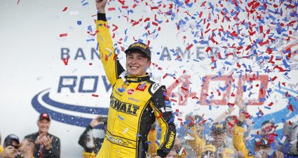 CONCORD, NORTH CAROLINA - OCTOBER 09: Christopher Bell, driver of the #20 DeWalt Toyota, celebrates in victory lane after winning the NASCAR Cup Series Bank of America Roval 400 at Charlotte Motor Speedway on October 09, 2022 in Concord, North Carolina. (Photo by Jared C. Tilton/Getty Images) | Getty Images