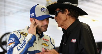 LONG POND, PA - JULY 29:  (L-R) Jimmie Johnson, driver of the #48 Lowe's Chevrolet, talks to NASCAR Hall of Fame driver Richard Petty during practice for the NASCAR Sprint Cup Series Pennsylvania 400 at Pocono Raceway on July 29, 2016 in Long Pond, Pennsylvania.  (Photo by Adam Glanzman/Getty Images) | Getty Images
