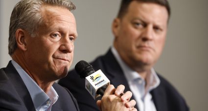 AVONDALE, ARIZONA - NOVEMBER 04: NASCAR President Steve Phelps (L) and NASCAR Executive Vice President Steve O'Donnell speak to the media during the NASCAR annual State of the Sport address at Phoenix Raceway on November 04, 2022 in Avondale, Arizona. (Photo by Jared C. Tilton/Getty Images) | Getty Images