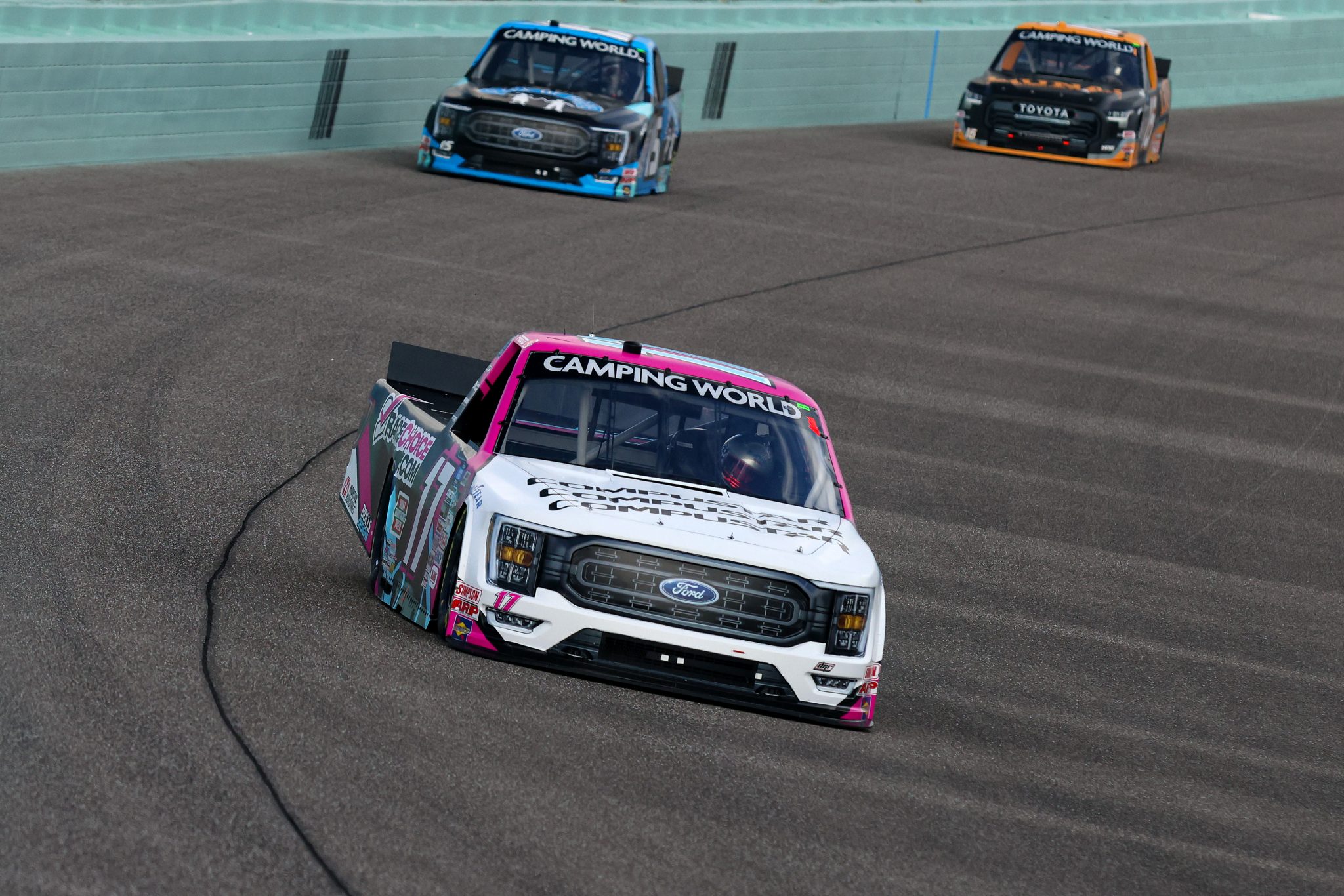 HOMESTEAD, FLORIDA - OCTOBER 21: Ryan Preece, driver of the #17 Compustar/RaceChoice Ford, drives during practice for the NASCAR Camping World Truck Series Baptist Health 200 at Homestead-Miami Speedway on October 21, 2022 in Homestead, Florida. (Photo by Jared East/Getty Images) | Getty Images