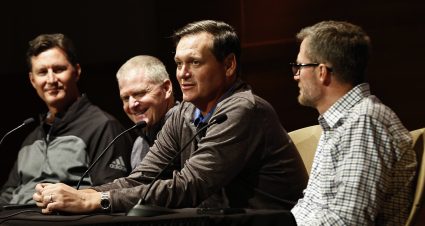 AVONDALE, ARIZONA - NOVEMBER 03: NASCAR commentator Steve Letarte (C) speaks to the media during the NASCAR Championship 4 Media Day at Phoenix Raceway on November 03, 2022 in Avondale, Arizona. (Photo by Sean Gardner/Getty Images) | Getty Images