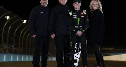 AVONDALE, ARIZONA - NOVEMBER 05: Ty Gibbs, driver of the #54 Monster Energy Toyota, poses with his grandfather, JGR team owner and Hall of Famer Joe Gibbs, his father, Coy Gibbs and mother, Heather Gibbs after winning the NASCAR Xfinity Series Championship at Phoenix Raceway on November 05, 2022 in Avondale, Arizona. (Photo by Meg Oliphant/Getty Images) | Getty Images