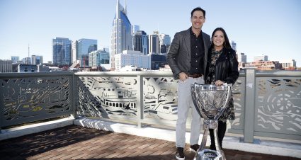 NASHVILLE, TENNESSEE - DECEMBER 01: 2022 NASCAR Cup Series champion Joey Logano and his wife Brittany pose for a photo on the Shelby Street pedestrian bridge on December 01, 2022 in Nashville, Tennessee. (Photo by Sean Gardner/Getty Images) | Getty Images