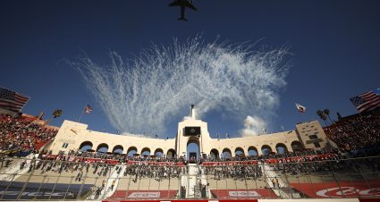 LOS ANGELES, CALIFORNIA - FEBRUARY 06: A view of the flyover during the national anthem prior to the start of the NASCAR Cup Series Busch Light Clash at the Los Angeles Memorial Coliseum on February 06, 2022 in Los Angeles, California. (Photo by Chris Graythen/Getty Images) | Getty Images
