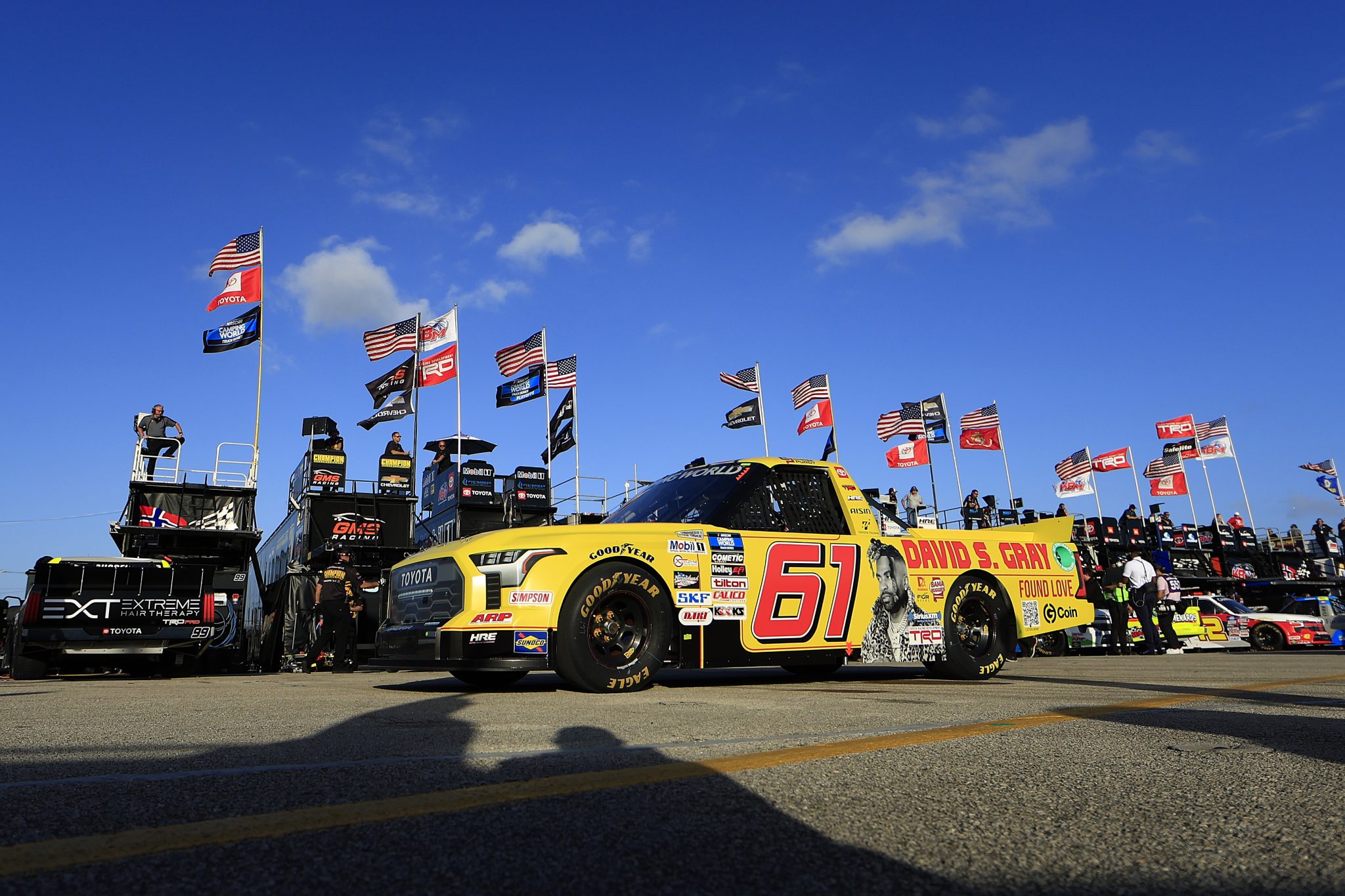 DAYTONA BEACH, FLORIDA - FEBRUARY 17: Chase Purdy, driver of the #61 David S Gray: Found Love Toyota, drives through the garage area during practice for the NASCAR Camping World Truck Series NextEra Energy 250 at Daytona International Speedway on February 17, 2022 in Daytona Beach, Florida. (Photo by Mike Ehrmann/Getty Images) | Getty Images
