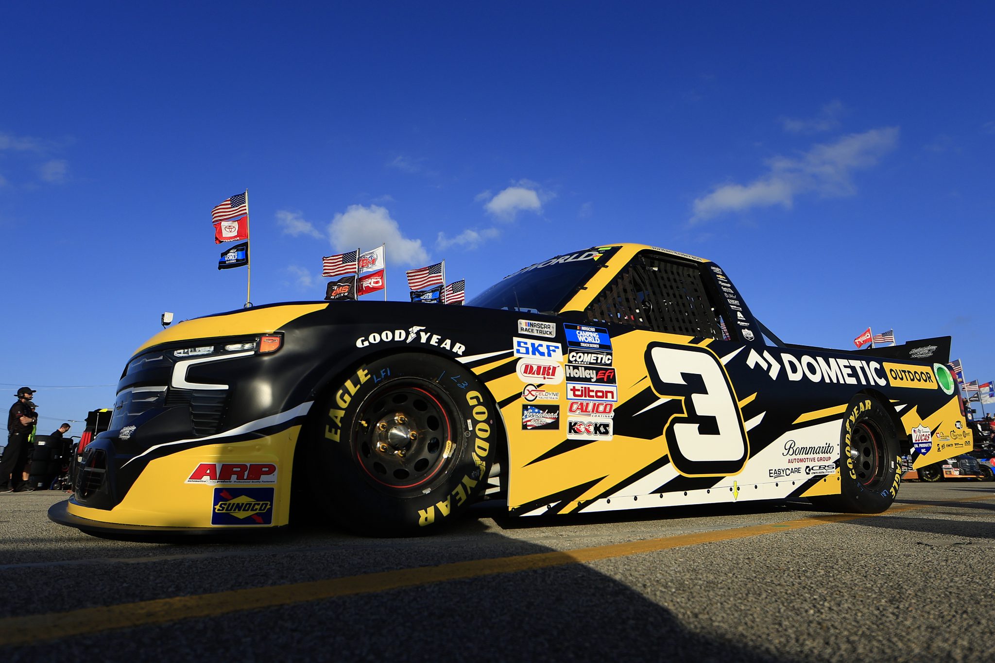 DAYTONA BEACH, FLORIDA - FEBRUARY 17: Jordan Anderson, driver of the #3 Dometic Outdoor Chevrolet, drives through the garage area during practice for the NASCAR Camping World Truck Series NextEra Energy 250 at Daytona International Speedway on February 17, 2022 in Daytona Beach, Florida. (Photo by Mike Ehrmann/Getty Images) | Getty Images