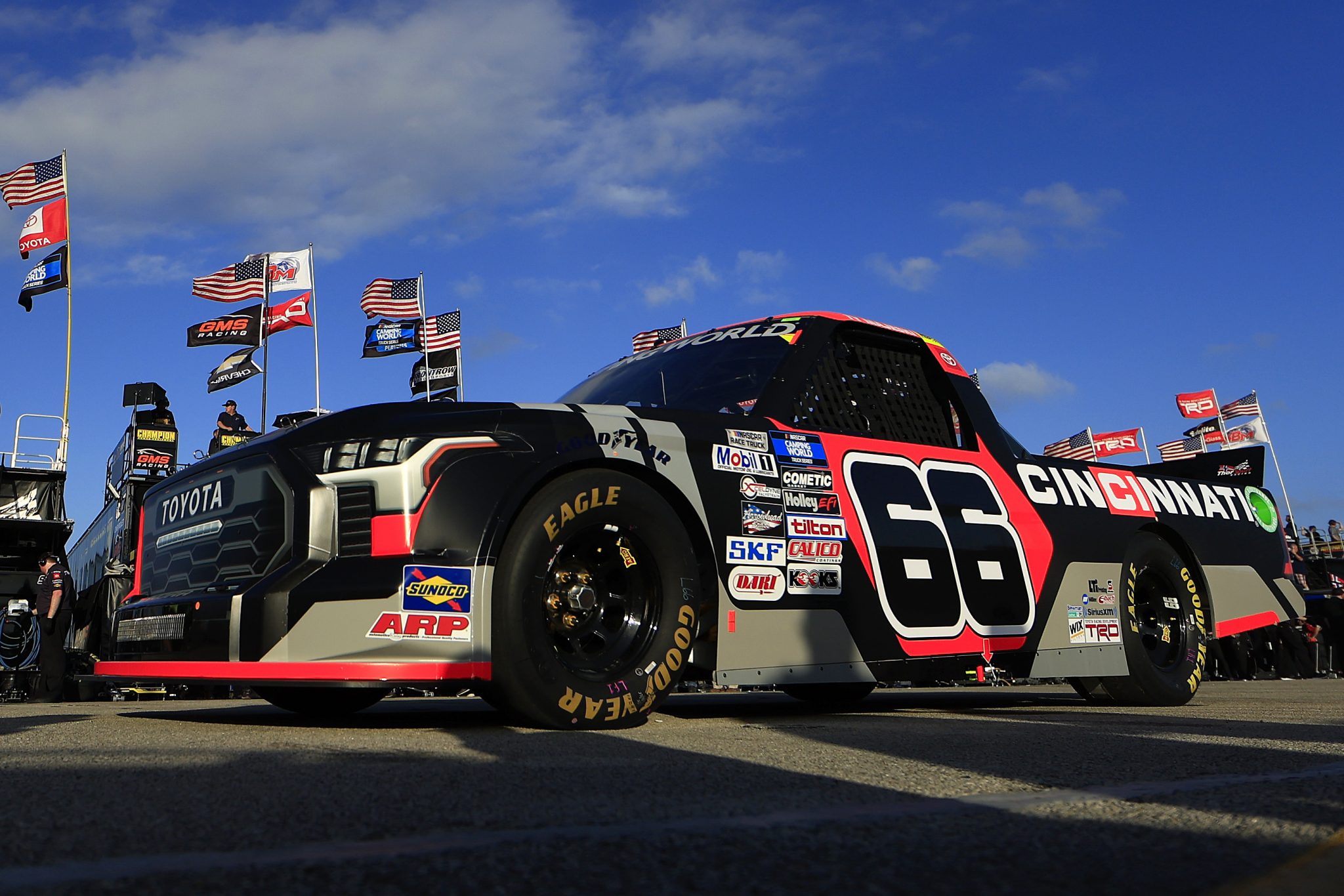DAYTONA BEACH, FLORIDA - FEBRUARY 17: Ty Majeski, driver of the #66 Cincinnati Toyota, drives through the garage area during practice for the NASCAR Camping World Truck Series NextEra Energy 250 at Daytona International Speedway on February 17, 2022 in Daytona Beach, Florida. (Photo by Mike Ehrmann/Getty Images) | Getty Images