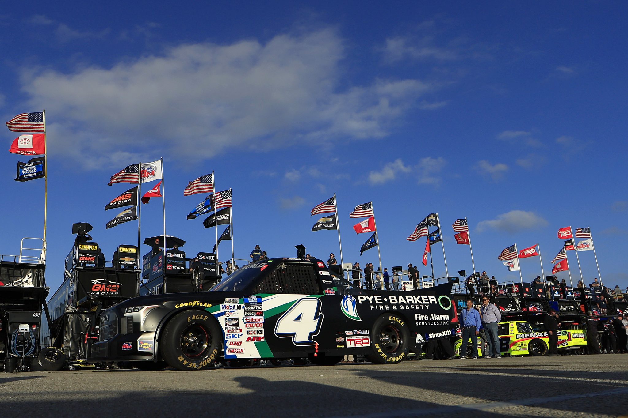 DAYTONA BEACH, FLORIDA - FEBRUARY 17: John Hunter Nemechek, driver of the #4 Pye-Barker Fire & Safety Toyota, drives through the garage area during practice for the NASCAR Camping World Truck Series NextEra Energy 250 at Daytona International Speedway on February 17, 2022 in Daytona Beach, Florida. (Photo by Mike Ehrmann/Getty Images) | Getty Images