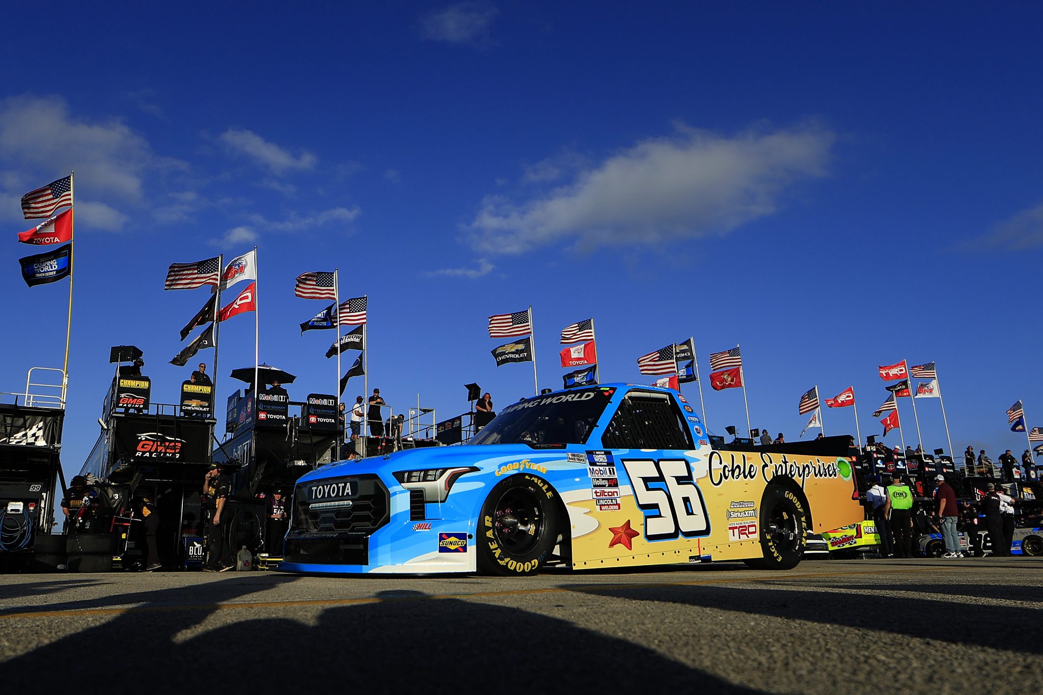 DAYTONA BEACH, FLORIDA - FEBRUARY 17: Timmy Hill, driver of the #56 Coble Enterprises Toyota, drives through the garage area during practice for the NASCAR Camping World Truck Series NextEra Energy 250 at Daytona International Speedway on February 17, 2022 in Daytona Beach, Florida. (Photo by Mike Ehrmann/Getty Images) | Getty Images