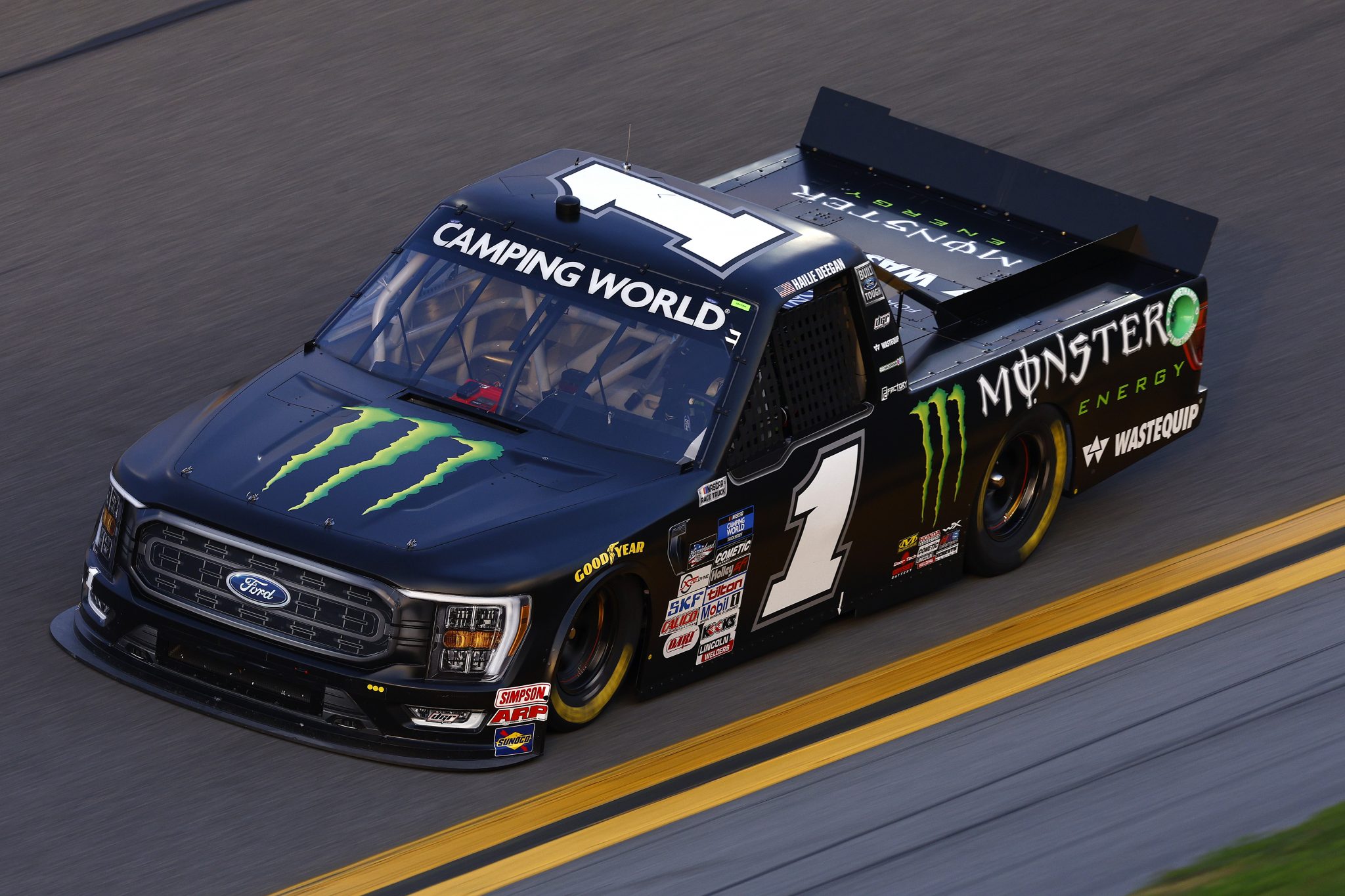 DAYTONA BEACH, FLORIDA - FEBRUARY 17: Hailie Deegan, driver of the #1 Monster Energy Ford, drives during practice for the NASCAR Camping World Truck Series NextEra Energy 250 at Daytona International Speedway on February 17, 2022 in Daytona Beach, Florida. (Photo by Jared C. Tilton/Getty Images) | Getty Images