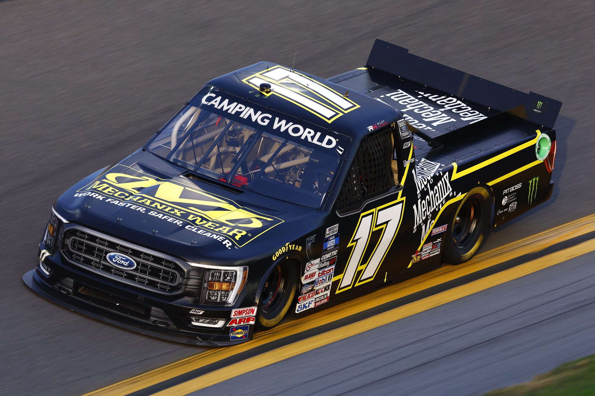 DAYTONA BEACH, FLORIDA - FEBRUARY 17: Riley Herbst, driver of the #17 Mechanix Wear Ford, drives during practice for the NASCAR Camping World Truck Series NextEra Energy 250 at Daytona International Speedway on February 17, 2022 in Daytona Beach, Florida. (Photo by Jared C. Tilton/Getty Images) | Getty Images