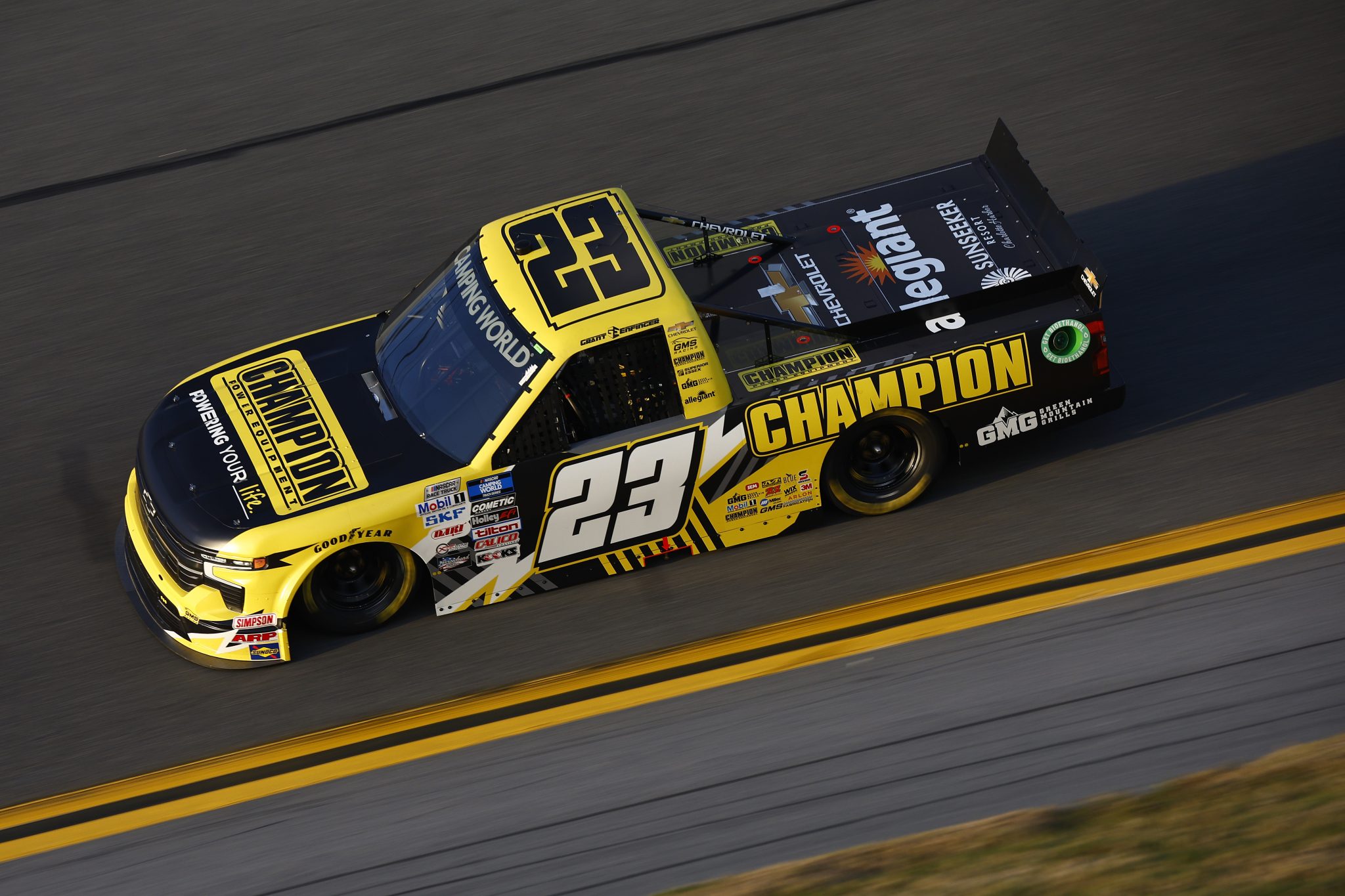 DAYTONA BEACH, FLORIDA - FEBRUARY 17: Grant Enfinger, driver of the #23 Champion Power Equipment Chevrolet, drives during practice for the NASCAR Camping World Truck Series NextEra Energy 250 at Daytona International Speedway on February 17, 2022 in Daytona Beach, Florida. (Photo by Jared C. Tilton/Getty Images) | Getty Images