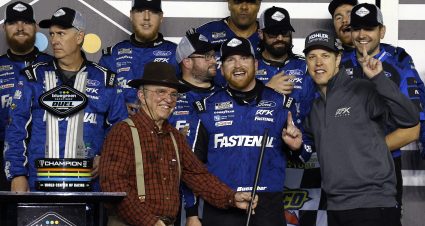 DAYTONA BEACH, FLORIDA - FEBRUARY 17: Chris Buescher, driver of the #17 Fastenal Ford, celebrates with team owners  Jack Roush (L) and Brad Keselowski, driver of the #6 Kohler Generators Ford, in the Ruoff Mortgage victory lane after winning the NASCAR Cup Series Bluegreen Vacations Duel #2 at Daytona at Daytona International Speedway on February 17, 2022 in Daytona Beach, Florida. (Photo by Chris Graythen/Getty Images) | Getty Images