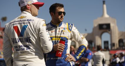 LOS ANGELES, CALIFORNIA - FEBRUARY 06: Chase Elliott, driver of the #9 NAPA Auto Parts Chevrolet, and William Byron, driver of the #24 Valvoline Chevrolet, talk  during the qualifying heats for the NASCAR Cup Series Busch Light Clash at the Los Angeles Memorial Coliseum on February 06, 2022 in Los Angeles, California. (Photo by Chris Graythen/Getty Images) | Getty Images