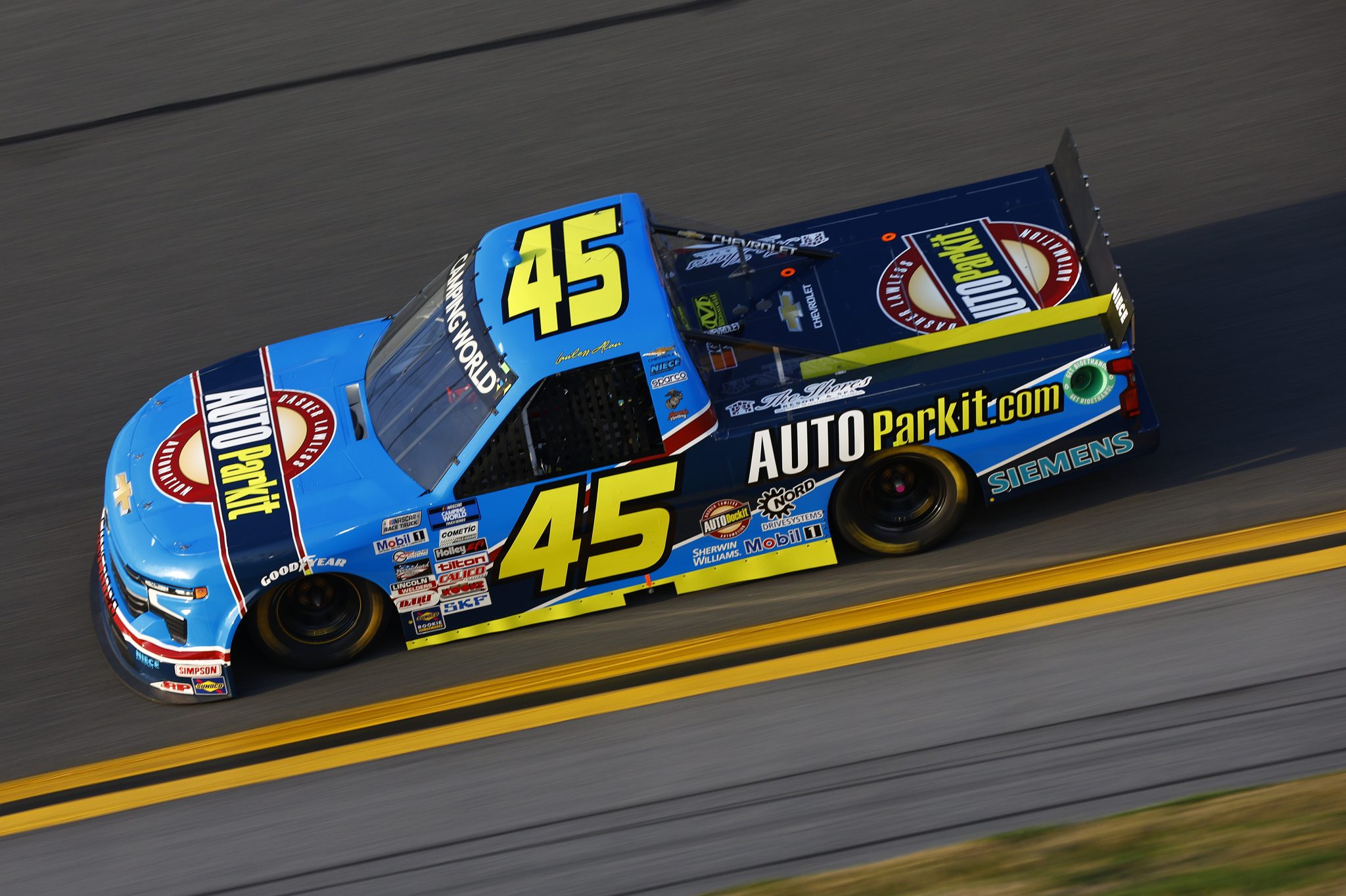 DAYTONA BEACH, FLORIDA - FEBRUARY 17: Lawless Alan, driver of the #45 AUTOParkIt.com Chevrolet, drives during practice for the NASCAR Camping World Truck Series NextEra Energy 250 at Daytona International Speedway on February 17, 2022 in Daytona Beach, Florida. (Photo by Jared C. Tilton/Getty Images) | Getty Images