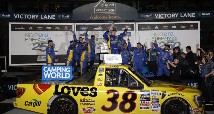 DAYTONA BEACH, FLORIDA - FEBRUARY 18: Zane Smith, driver of the #38 Love's Travel Stops Ford, celebrates in the Ruoff Mortgage victory lane after winning the NASCAR Camping World Truck Series NextEra Energy 250 at Daytona International Speedway on February 18, 2022 in Daytona Beach, Florida. (Photo by Sean Gardner/Getty Images) | Getty Images
