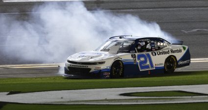 DAYTONA BEACH, FLORIDA - FEBRUARY 19: Austin Hill, driver of the #21 Bennett/United Rentals Chevrolet, celebrates with a burnout after winning the NASCAR Xfinity Series Beef. It's What's For Dinner. 300 at Daytona International Speedway on February 19, 2022 in Daytona Beach, Florida. (Photo by Chris Graythen/Getty Images) | Getty Images