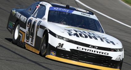 FONTANA, CALIFORNIA - FEBRUARY 26: Jesse Iwuji, driver of the #34 Chevy Truck Month Chevrolet, drives during qualifying for the NASCAR Xfinity Series Production Alliance 300 at Auto Club Speedway on February 26, 2022 in Fontana, California. (Photo by Meg Oliphant/Getty Images) | Getty Images