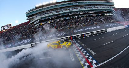 LOS ANGELES, CALIFORNIA - FEBRUARY 06: Joey Logano, driver of the #22 Shell Pennzoil Ford, celebrates with a burnout after winning the NASCAR Cup Series Busch Light Clash at the Los Angeles Memorial Coliseum on February 06, 2022 in Los Angeles, California. (Photo by Sean Gardner/Getty Images) | Getty Images