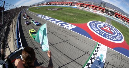 FONTANA, CALIFORNIA - FEBRUARY 27: Austin Cindric, driver of the #2 Menards/Quaker State Ford, leads the field to the green flag to start the NASCAR Cup Series Wise Power 400 at Auto Club Speedway on February 27, 2022 in Fontana, California. (Photo by Meg Oliphant/Getty Images) | Getty Images