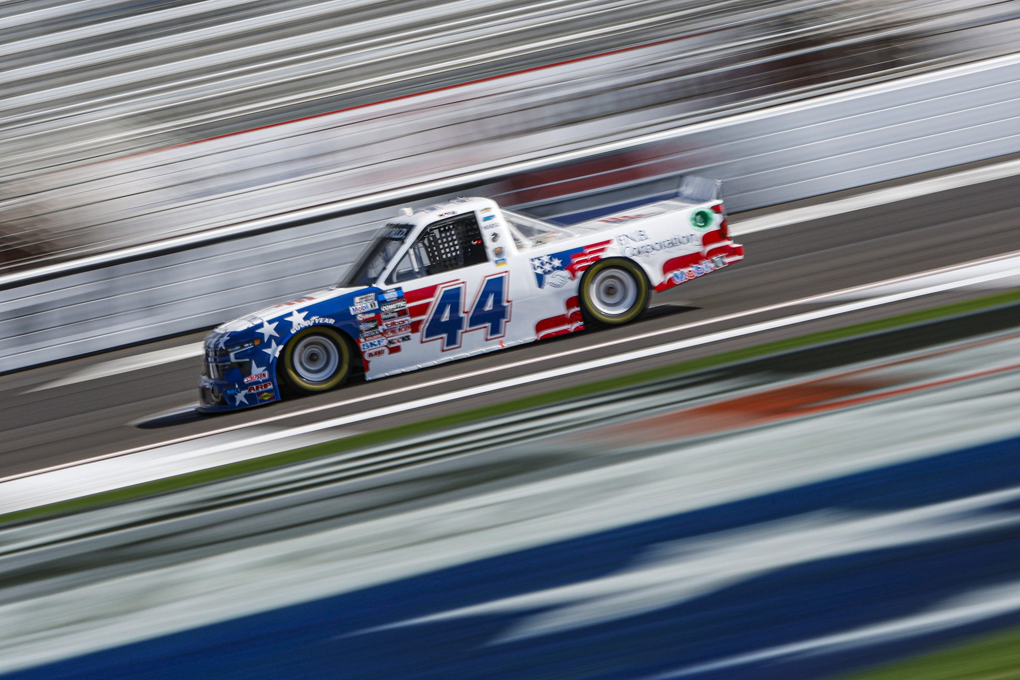 HAMPTON, GEORGIA - MARCH 19: Kris Wright, driver of the #44 F.N.B. Corporation Chevrolet, drives during practice for the NASCAR Camping World Truck Series Fr8 208 at Atlanta Motor Speedway on March 19, 2022 in Hampton, Georgia. (Photo by Sean Gardner/Getty Images) | Getty Images