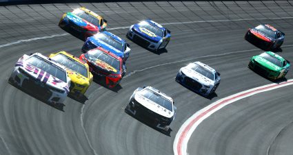 HAMPTON, GEORGIA - MARCH 19: Alex Bowman, driver of the #48 Ally Chevrolet, Joey Logano, driver of the #22 Shell Pennzoil Ford, Tyler Reddick, driver of the #8 3CHI Chevrolet, Martin Truex Jr., driver of the #19 Bass Pro Shops Toyota, Kyle Larson, driver of the #5 HendrickCars.com Chevrolet, Kyle Busch, driver of the #18 M&M's Toyota, and Chase Elliott, driver of the #9 NAPA Auto Parts Chevrolet, drive during practice for the NASCAR Cup Series Folds of Honor QuikTrip 500 at Atlanta Motor Speedway on March 19, 2022 in Hampton, Georgia. (Photo by Mike Mulholland/Getty Images) | Getty Images