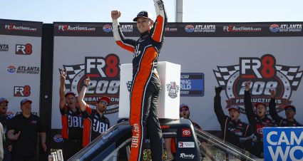 HAMPTON, GEORGIA - MARCH 19: Corey Heim, driver of the #51 JBL Toyota, celebrates in victory lane after winning the NASCAR Camping World Truck Series Fr8 208 at Atlanta Motor Speedway on March 19, 2022 in Hampton, Georgia. (Photo by Sean Gardner/Getty Images) | Getty Images