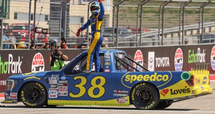 AUSTIN, TEXAS - MARCH 26: Zane Smith, driver of the #38 Speedco Ford, celebrates after winning the NASCAR Camping World Truck Series - XPEL 225 at Circuit of The Americas on March 26, 2022 in Austin, Texas. (Photo by Dylan Buell/Getty Images) | Getty Images