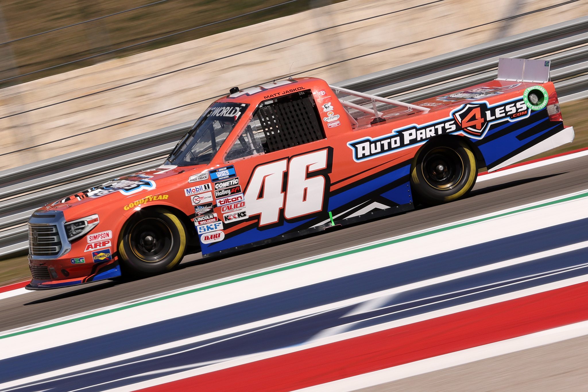 AUSTIN, TEXAS - MARCH 25: Matt Jaskol, driver of the #46 AutoParts4Less.com Toyota, drives during qualifying fir the NASCAR Camping World Truck Series at Circuit of The Americas on March 25, 2022 in Austin, Texas. (Photo by Dylan Buell/Getty Images) | Getty Images