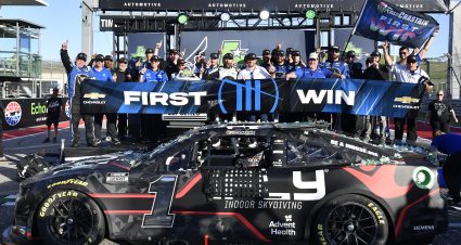AUSTIN, TEXAS - MARCH 27: Ross Chastain, driver of the #1 ONX Homes/iFly Chevrolet, and crew celebrate in victory lane after winning the NASCAR Cup Series Echopark Automotive Grand Prix at Circuit of The Americas on March 27, 2022 in Austin, Texas. (Photo by Logan Riely/Getty Images) | Getty Images