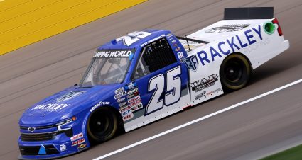 LAS VEGAS, NEVADA - MARCH 04: Matt Dibenedetto, driver of the #25 Rackley Roofing/WAR Shocks Chevrolet, drives during practice for the NASCAR Camping World Truck Series Victoria's Voice Foundation 200 at Las Vegas Motor Speedway on March 04, 2022 in Las Vegas, Nevada. (Photo by Dylan Buell/Getty Images) | Getty Images
