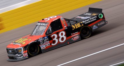 LAS VEGAS, NEVADA - MARCH 04: Zane Smith, driver of the #38 Michael Roberts Construction Ford, drives during practice for the NASCAR Camping World Truck Series Victoria's Voice Foundation 200 at Las Vegas Motor Speedway on March 04, 2022 in Las Vegas, Nevada. (Photo by Dylan Buell/Getty Images) | Getty Images