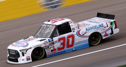 LAS VEGAS, NEVADA - MARCH 04: Tate Fogleman, driver of the #30 Rangeline Group Toyota, drives during practice for the NASCAR Camping World Truck Series Victoria's Voice Foundation 200 at Las Vegas Motor Speedway on March 04, 2022 in Las Vegas, Nevada. (Photo by Dylan Buell/Getty Images) | Getty Images