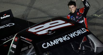 LAS VEGAS, NEVADA - MARCH 04: Chandler Smith, driver of the #18 Safelite AutoGlass Toyota, celebrates after winning the NASCAR Camping World Truck Series Victoria's Voice Foundation 200 at Las Vegas Motor Speedway on March 04, 2022 in Las Vegas, Nevada. (Photo by Dylan Buell/Getty Images) | Getty Images